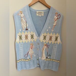 Vintage Susan Bristol New Traditions Blue Sport Knit Vest Tennis & Croquet Sz M